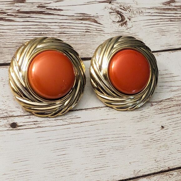 Vintage Clip On Earrings - Orange & Gold Tone Large Statement 1 & 3/8" - Picture 2 of 8